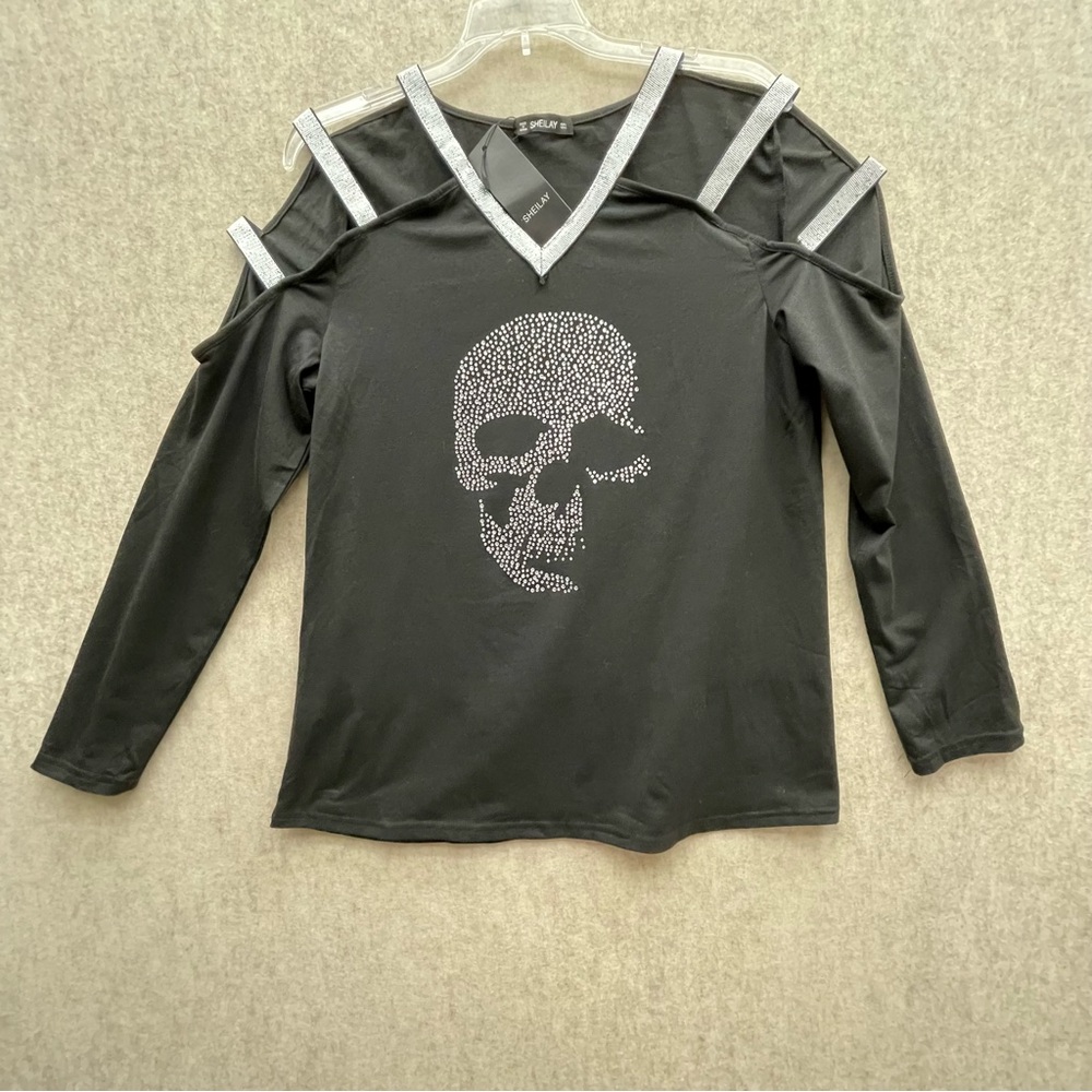 Sheilay Cold Shoulder Skull Biker Skinny Strap Shirt Large
